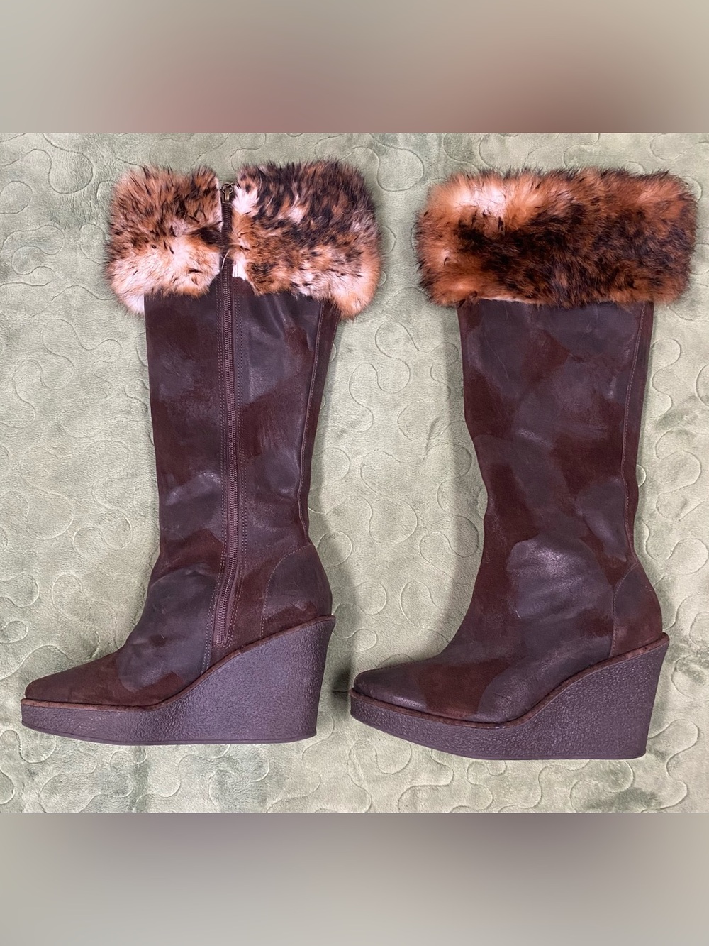 DONALD PLINER Womens Tiara Brown Suede Faux Fur Cuff Tall Wedge Boots S-7